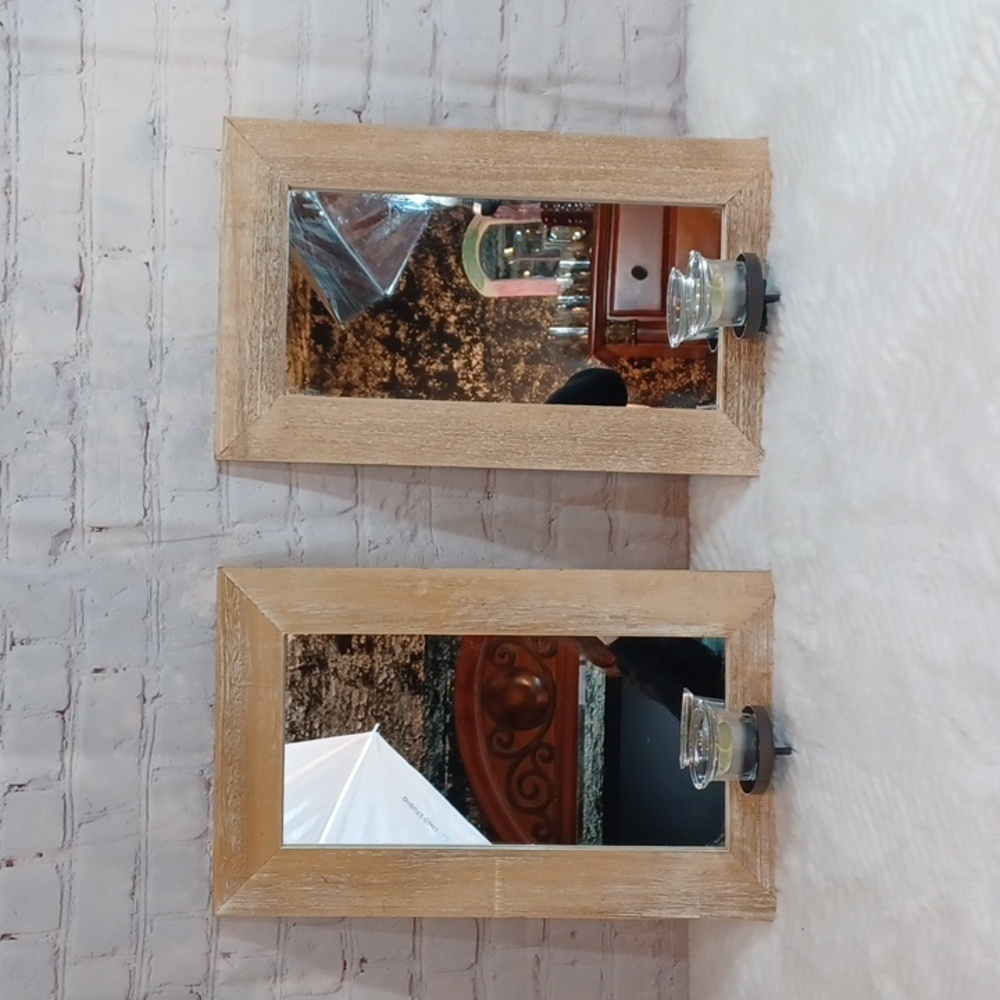 Pair Of Light Wood Mirrored Candle Holders Votive Included 18L x 10.5 W